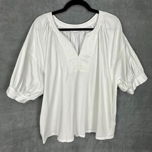 Chicos Top Women Size 4 US XXL White V Neck Puff Sleeve Minimalist Preppy Resort